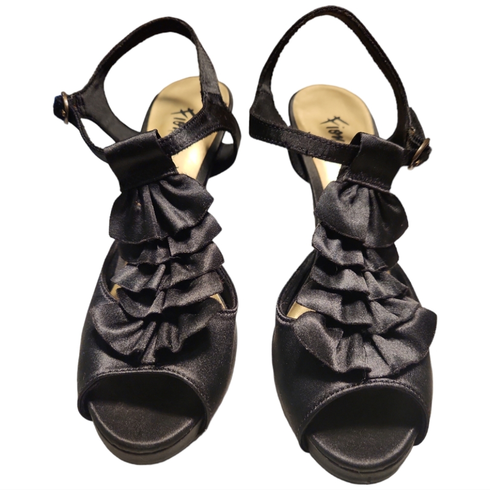 FIONI NIGHT 6 BLACK RUFFLED OPEN TOE STRAPPY GLAM HEELS
